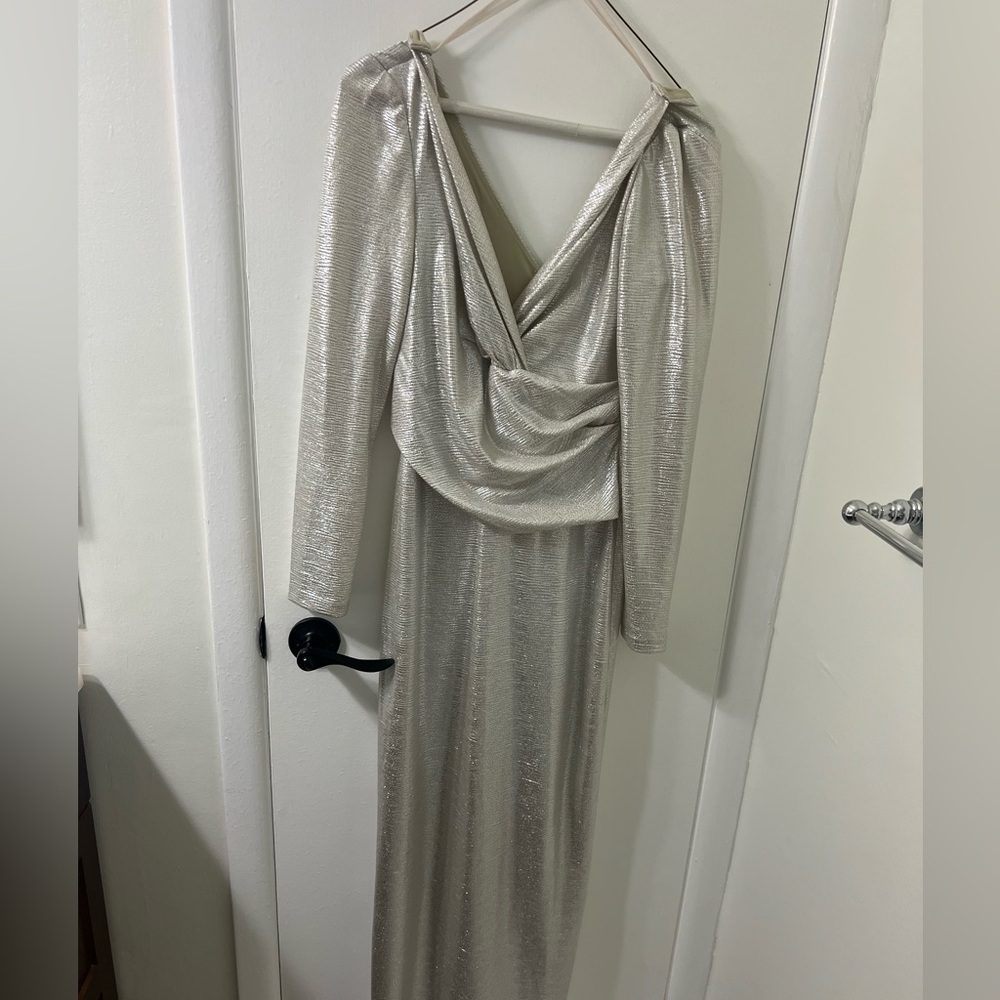 Eliza J silver gown with sleeves